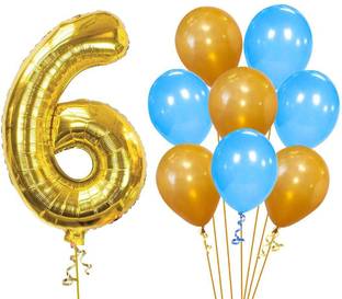 ACOME Solid 6th Birthday Baby Girl/Boy Decoration Combo. Number Foil Balloon(1pc) and Gold & Blue Metallic Balloons (8pc) Set 9Pcs Balloon