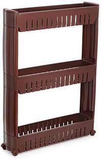 MECHON 3 Tier Kitchen Trolley, Easy-To-Move Slide Out Shelf Slim Rack Brown Plastic Kitchen Trolley