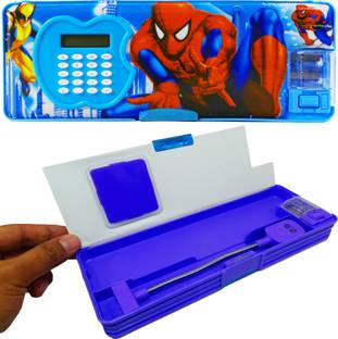 poksi avengers Multipurpose Pencil Box with lamp, Calculator & Dual sharpner - Spiderman Art Plastic Pencil Box