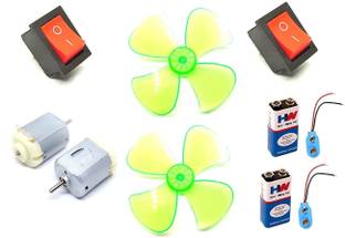 ERHIndia 2Pcs DC Motor 20x15x25mm + 60mm 4 Blade Fan + Rocker Switch + 9V Battery Hobby DIY Kit Electronic Components Electronic Hobby Kit