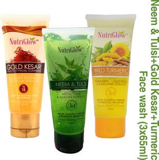NutriGlow  pack of 3 Neem & Tulsi, Wild Turmeric, Gold Kesar Facial Cleanser Face Wash