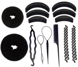 Sharum Crafts Banana Bumpit Hair Puff Up Maker Donut Magic Bun Topsy Tail Ponytail Holder Hair Styling tools Black-(Combo of 14 Pieces) Hair Accessory Set (Black) Hair Accessory Set