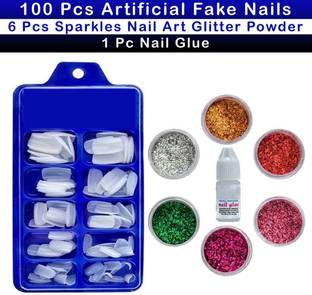 VOZWA 100 Pcs Artificial Fake Nails + 6 Pcs Sparkles Nail Art Glitter Powder + 1 Pc Nail Glue