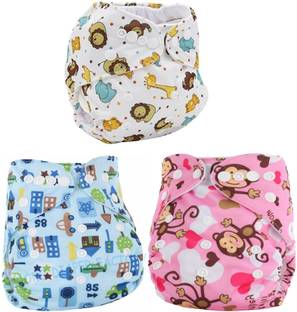 MOM'S PRIDE Printed Button Diaper Washable Baby Cloth Pocket Nappie Reusable, Waterproof, Adjustable Size for Infants(3 Diaper+ 3 Insert)