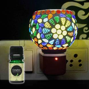 CraftQua Camphor Aroma Oil Diffuser Set Electric Glossy Multipurpose Ceramic Aroma Oil Diffuser/Kapoor Dani/ 2in1 Camphor Burner with Switch (in-Built On/Off Button for Heating) Hand-Crafted Incense Burner for Home, Office, Temple, Positive Energy and Ambiance (B17-01) with Camphor Aroma Oil 10ml