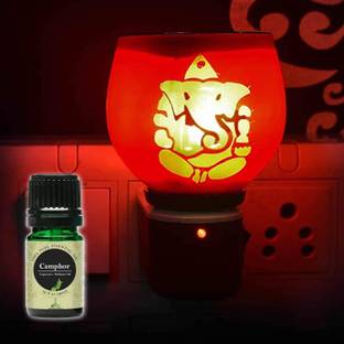 FStyler Camphor Aroma Oil Diffuser Set Electric Glossy Multipurpose Ceramic Aroma Oil Diffuser/Kapoor Dani/ 2in1 Camphor Burner with Switch (in-Built On/Off Button for Heating) Hand-Crafted Incense Burner for Home, Office, Temple, Positive Energy and Ambiance (GR-011-01) with Camphor Aroma Oil 10ml