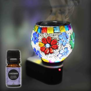 CraftQua Lavender Aroma Oil Diffuser Set Electric Glossy Multipurpose Ceramic Aroma Oil Diffuser/Kapoor Dani/ 2in1 Camphor Burner with Switch (in-Built On/Off Button for Heating) Hand-Crafted Incense Burner for Home, Office, Temple, Positive Energy and Ambiance (SmartB-03) with Lavender Aroma Oil 10ml