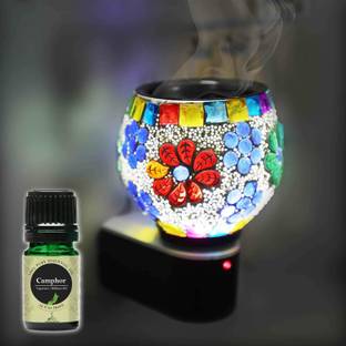 CraftQua Aroma Oil Diffuser Set Electric Glossy Multipurpose Ceramic Aroma Oil Diffuser/Kapoor Dani/ 2in1 Camphor Burner with Switch (in-Built On/Off Button for Heating) Hand-Crafted Incense Burner for Home, Office, Temple, Positive Energy and Ambiance (SmartB-01) with Camphor Aroma Oil 10ml