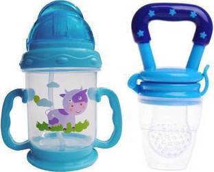 CHILD CHIC Eco-friendly Baby Water Bottle 250ml With Straw Children Kettle Drinkware with fruit feeder Nibbler (Blue)