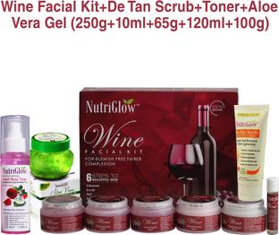 NutriGlow Red Wine Facial Kit (250 gm) +De tan Scrub (100 gm) + Aloe Vera Massager Gel ( 100 gm) + Red Wine Rose Toner (120 ml)