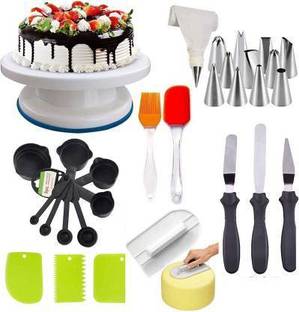 Greenstone Cake Baking and Making Tools Combo for Cake Decoration at Home, Kitchen and Store. Cake Table, 12 pc Nozzle, Spatula Brush, 3 in 1 Knife, 3 pc Scrapper, 10 pc Measuring Spoon Kitchen Tool Set