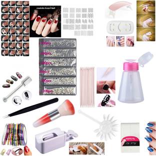 Sminakh 12 Combo Kit Of Nail Art Tools Pack of tip guide 1 Dusting brush 1 nail clipper, pack of wooden stick, 1 cat eye magnet tool, 1 nail stone tweezer, 1 nail palatte pack of stones,UV Led lamp light , 1 Remover bottle, nail art striping ring , sponge stamp