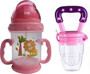CHILD CHIC Eco-friendly Baby Water Bottle 250ml With Straw Children Kettle Drinkware with fruit feeder Nibbler (PINK)