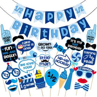 ZYOZI 1/2 Birthday Photo Booth Party Props Blue for Baby Boy with 1/2 Birthday Bunting Banner for Baby Boy in Blue,1/2 Birthday Decorations for Boys,Kids Birthday Party Decoration Items (BLUE)