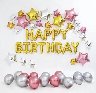 BashNSplash Solid Happy Birthday Golden with Pink Gold & Silver Star Foil Balloons & Chrome Pink & Silver Balloon with Glue Dots(PACK OF 54) Balloon