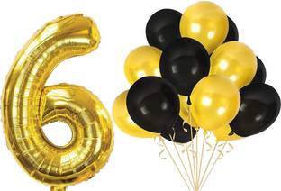 FANEX Solid 6th Birthday Baby Girl/Boy Decoration Combo. Number Foil Balloon(1pc) and Gold & Black Metallic Balloons (10pc) Set 11pcs Balloon