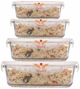 Femora Borosilicate Rectangular Glass Food Storage Container with Air Tight Air Vent Lid  - 140 ml, 400 ml, 600 ml, 1000 ml काँच यूटीलिटी कंटेनर