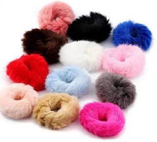 DEEGLO 12 Pieces Fur Hair Scrunchies Rabbit Furry Hair Ties Pom Elastic Hair Rubber Band
