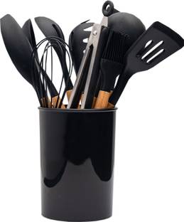 SILICONE KITCHEN-UTENSILS 11 Wooden Handle Silicone Kitchenware Black Kitchen Tool Set Kitchen Tool Set