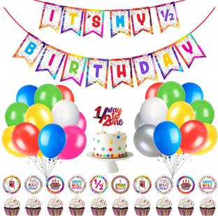 ZYOZI 1 Set It My Half Birthday Banner + 1 Pcs 1/2 Birthday Cake Topper + 10 Pcs 1/2 Birthday Cup Cake Topper + 25 PCs Multicolour Balloons For 1/2 Month Birthday Decoration Items,6th Month Birthday Decoration