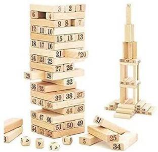 Quasar Wooden Building Blocks Tumbling Tower Numbered Wooden Blocks, 51 Pieces Block Stacking Game with 4 Dices