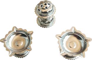 POOJA GHAR 2 Diyas and 1 Agarbatti Holder Steel (Pack of 3) Table Diya Set
