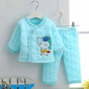 PIKIPOO Presents New Born Baby Cotton Cartoon Print 2 Piece Suit Keep Baby Warm Cotton Baby Boys Girls Unisex Baby Fleece/Falalen or Flannel Suit Infant Clothes (SK Blue 0-3 Months)