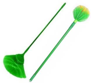Fulgurant Flat & Round Ceiling Jala Cobweb Cleaning Broom BRUSH Pack of Two Plastic Wet and Dry Broom