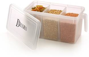 DDecora Fridge Storage Pack of 1 Refrigerator Organizer Container Square Handle Food Storage Organizer Boxes - Clear with Lid, Handle and 3 Smaller Bins  - 1200 ml प्लास्टिक फ्रिज कंटेनर