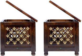 Smarts collection Beautiful Antique Wooden Stool with Brass Cutting Design Storage Stool for Living Room and Bedroom Furniture (Brown,12 X 12 X 12 Inches)(Set of 2) Solid Wood Side Table