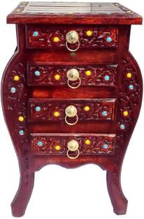 Smarts collection Handmade Bedside Table Floral Carved End Table for Bedroom and Living Room with 4 Drawers Solid Wood Side Table