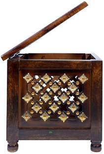 Smarts collection Beautiful Antique Wooden Handmade Stool with Brass Cutting Design Storage Stool for Living Room and Bedroom Furniture (Brown,12 X 12 X 12 Inches) Solid Wood Side Table