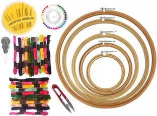 Upyukat Fabric Embroidery Hoop Ring kit- Set of 5 pcs, sizes: 4",6",8",10" & 12"(Inches) of Premium Quality Wooden Embroidery Hoop Ring Frame, Compact Needles Set along with threader, Cotton Embroidery Thread Skeins (Set of 24 pcs), Thread Cutter, Pearl Head Pin Set