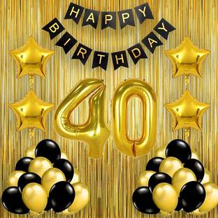 PopTheParty Black Gold 40th Birthday party Decorations With Birthday Banner, Star, Latex Balloons , Curtains and 40 Digit No. Set Of 39 Supplies