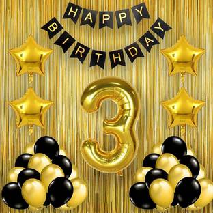 PopTheParty Black Gold 3rd Birthday party Decorations With Birthday Banner, Star, latex Balloons , Curtains and 3 Digit No. Set Of 38 Supplies