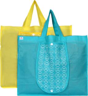Heart Home Foldable Reusable Smiley Printed Shopping Bag with One Small Pocket (Set Of 2,Yellow & Blue) Pack of 2 Grocery Bags
