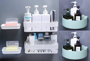 UVKU ABS Plastic Multipurpose Kitchen Bathroom Wall Holder Storage Rack Corner Shelf(Combo Shelves) 2 Bathroom Shelves + 2 Soap Box + 2 Corner Triangle Shelves