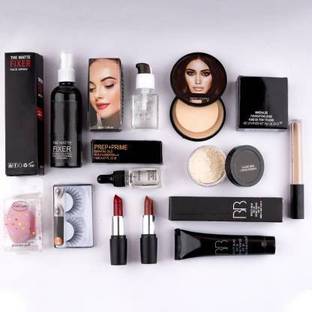 Pindara Makeup kit combo pack of 11, Essential Oil, Face Primer, foundation, Concealer, Loose Powder, Blender, Makeup Fixer, Compact Powder face powder, 2 lipstick , eyelashes, (11 Items in the set) (11 Items in the set)
