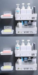 Qrex Pack Of 8 Pcs ABS Plastic Multipurpose Home Kitchen Bathroom Accessories Traceless Wall Shelves Decor Items Soap Stand Holder Organizer Storage Shower Caddy Rack Shelf with Strong Adhesive Magic Sticker ( 4 Bathroom Wall Shelves + 4 Soap Box,MultiColour ) Plastic Wall Shelf