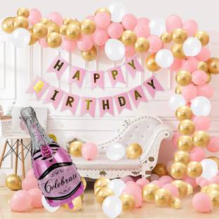 SOI Solid Happy Birthday Balloons decoration with HD Metallic Balloons and Champagne Bottle Foil Balloon Balloon