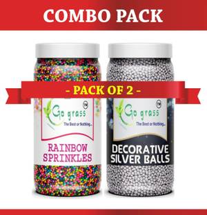GO GRASS Decorative Silver Balls & rainbow Sugar Sprinkles for Cake Decoration / cupcakes / 200GRAM + 200GRAM Sprinkles