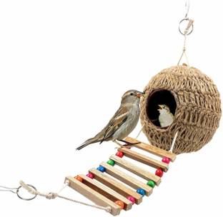 Jainsons Pet Products Earthenware Jute Bird Nest House Hut Cage Feeder for Bird House for Small Birds Jute, Earthenware Chew Toy For Bird