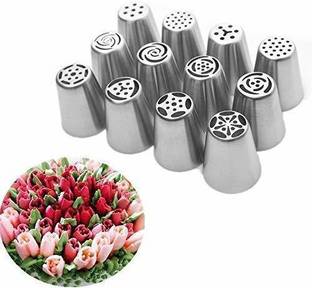 H&M Store 12 Pcs Russian Nozzles Set | Stainless Steel Reusable Decorating Nozzles Set | Russian Ruffle Skirt Icing Piping Tips | Cake Decorating Tool Stainless Steel Round Icing Nozzle