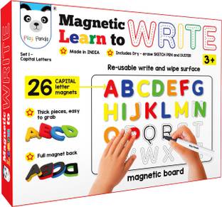 PLAY PANDA Magnetic Learn to Write Capital Letters - Includes Write and Wipe Magnetic Board, 26 Capital Letter Magnets, Dry Erase Sketch Pen and Duster - Simplify Teaching & Learning.