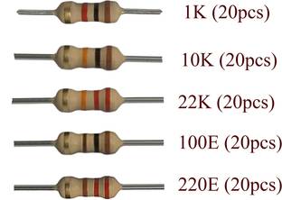 gobagee BRANDED carbon film resistor 1K 10K 22K 100E 220E 1/4 watt Tolerance 5% - Pack of Total 100 pcs (5 Values Mix) Fixed Resistor