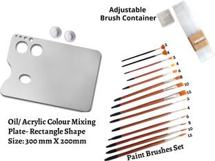 Upyukat Paint brush with palette set: Rectangle shape (with 2 detachable dippers) Painting Palette /Oil Color Palette/Color Mixing Plate with Artist paint brushes- Fan + Round + Flat brushes set and 1 Set of Plastic Square Painting Brush Box (Adjustable)/ Painting Brush Holder/ Container for storing paint brushes