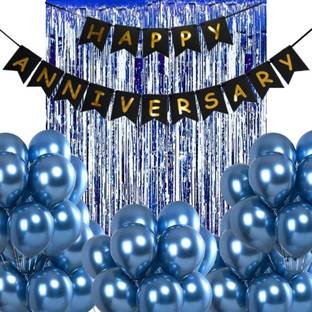 Wonder Decoration Combo Happy Anniversary Black Banner, Blue Fringe, Metallic Blue Balloons Set of 22 Pcs