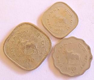 MANMAI COINS 3 COINS SET - BULL - 1/2,1 & 2 ANNAS - 1950 - india Medieval Coin Collection