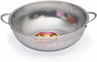 DIKUJI ENTERPRISE Stainless Steel Colander Bowl/Strainer/Fruit Basket/Vegetable Baskets/Steamer/Rice Washing & Strainer Bowl/Washer/Drainer with Handle Drain Basin Basket/Food Steamer Basket - Silver Colander