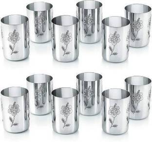 mannu (Pack of 12) (Pack of 12) DIMOND GLASS Glass Set (400 ml, Steel) ( STAINLESS STEEL ) Glass Set Water/Juice Glass